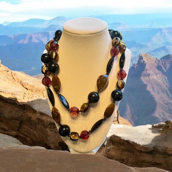 Long Beaded Necklace-Black, Red, & Brown-Acrylic-Hand Knotted-Boho Chic-Fall VTG - Picture 1 of 9